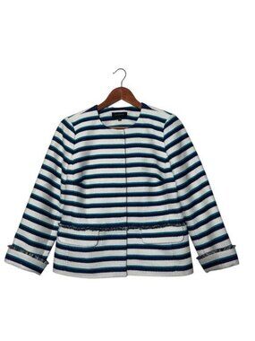 Talbots 6 Stripe Fringe Jacket Career Coastal Blue White‎ Snap Front Pockets